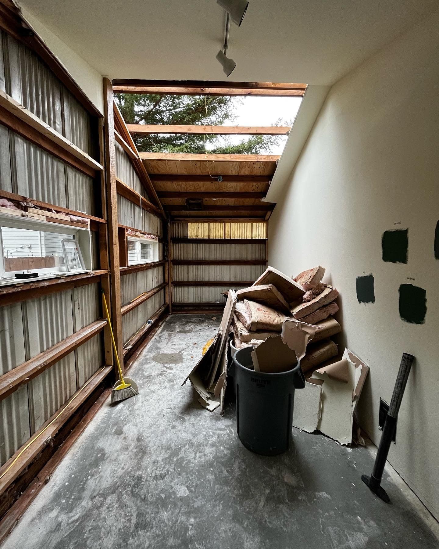 The garage room torn open during demolition