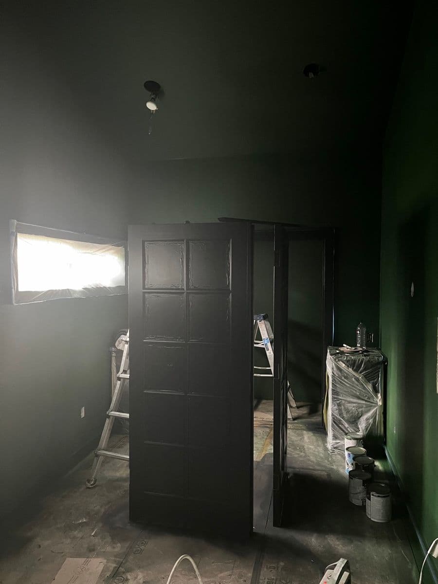 Isle of Pine green walls with black French doors and cellar frame — the vision coming to life
