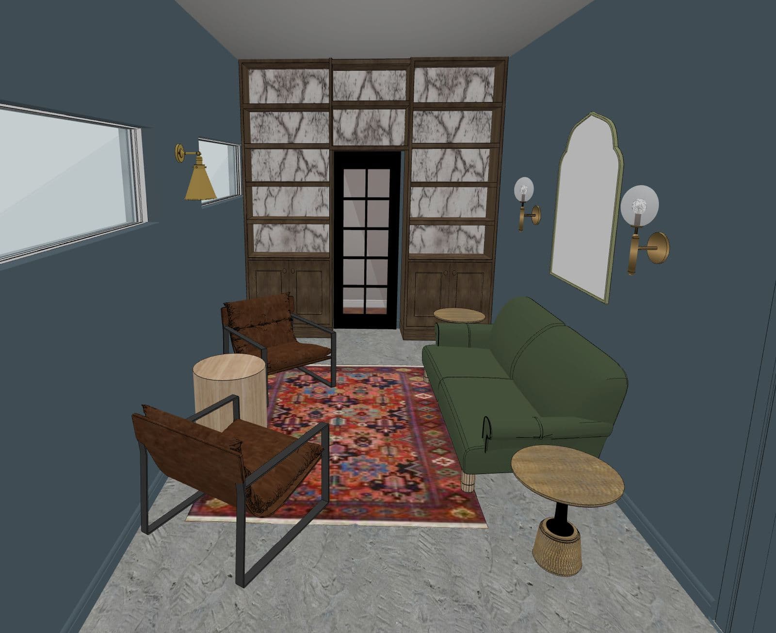3D design render of the speakeasy lounge — front view
