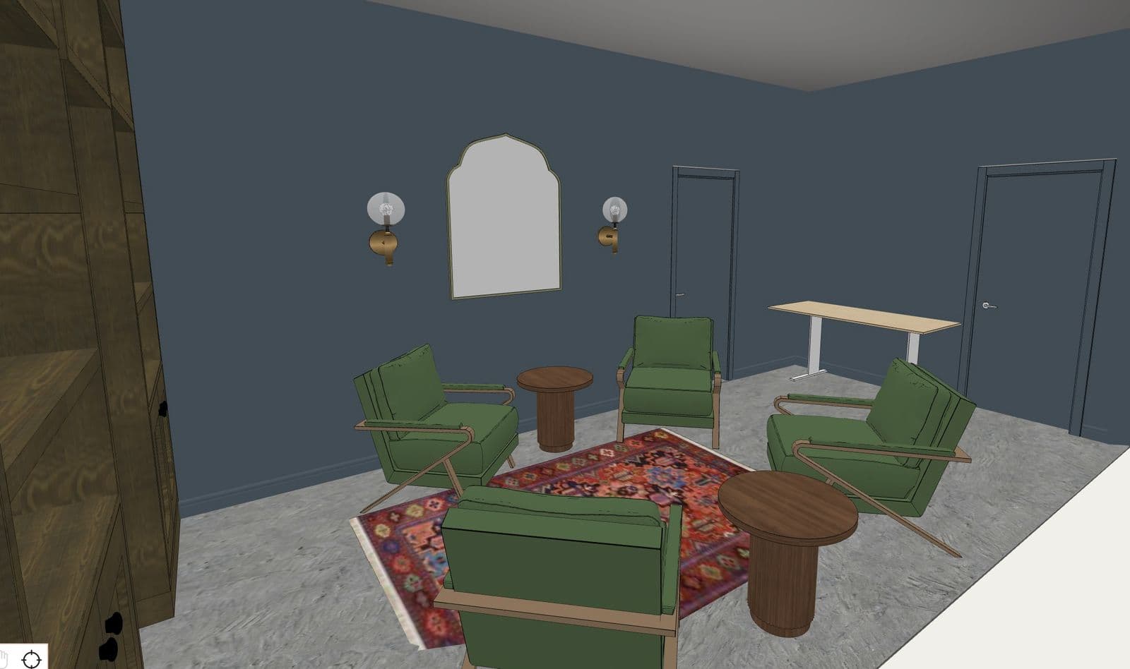 3D render of the seating area with sconces and mirror