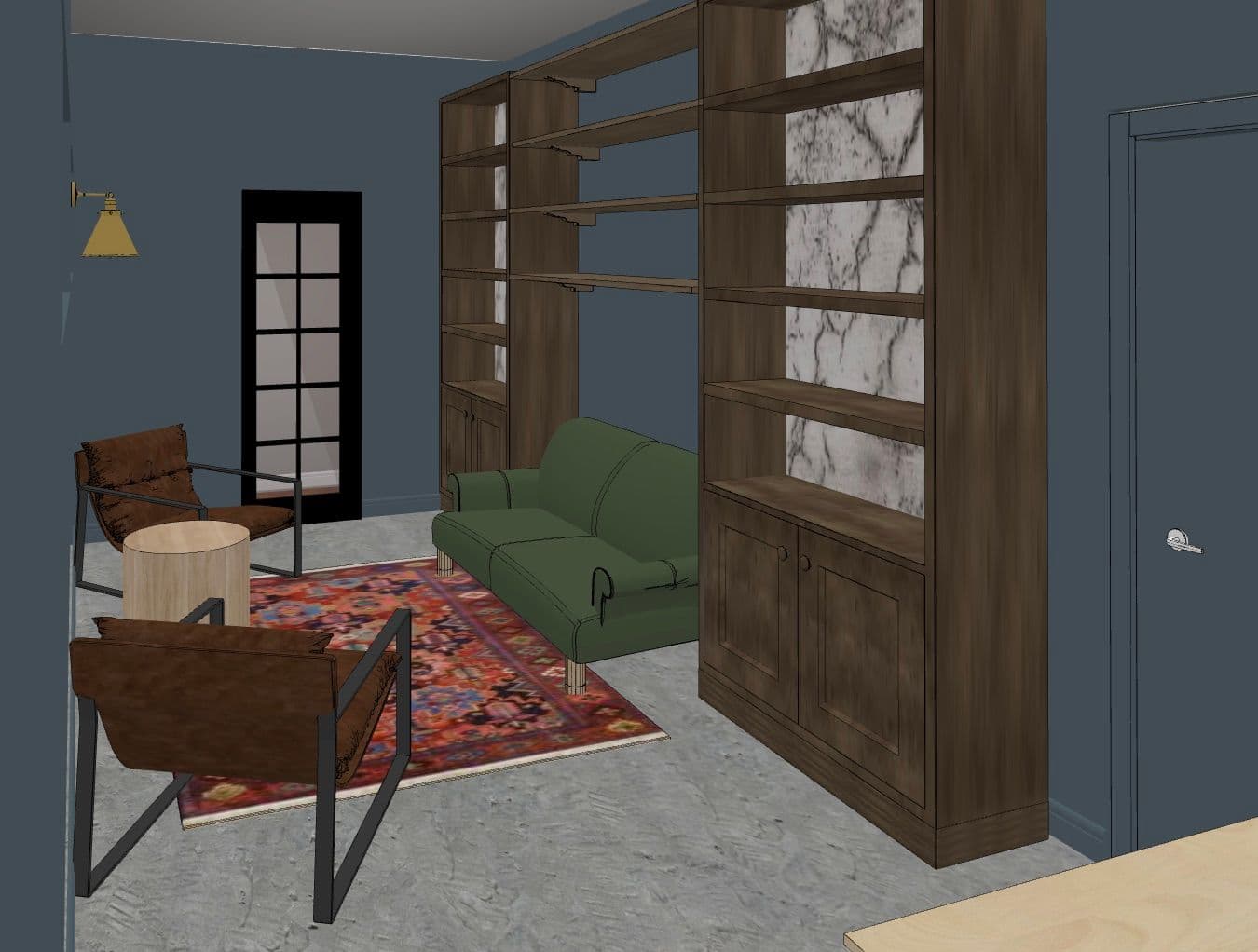 3D render showing the built-in shelving and seating