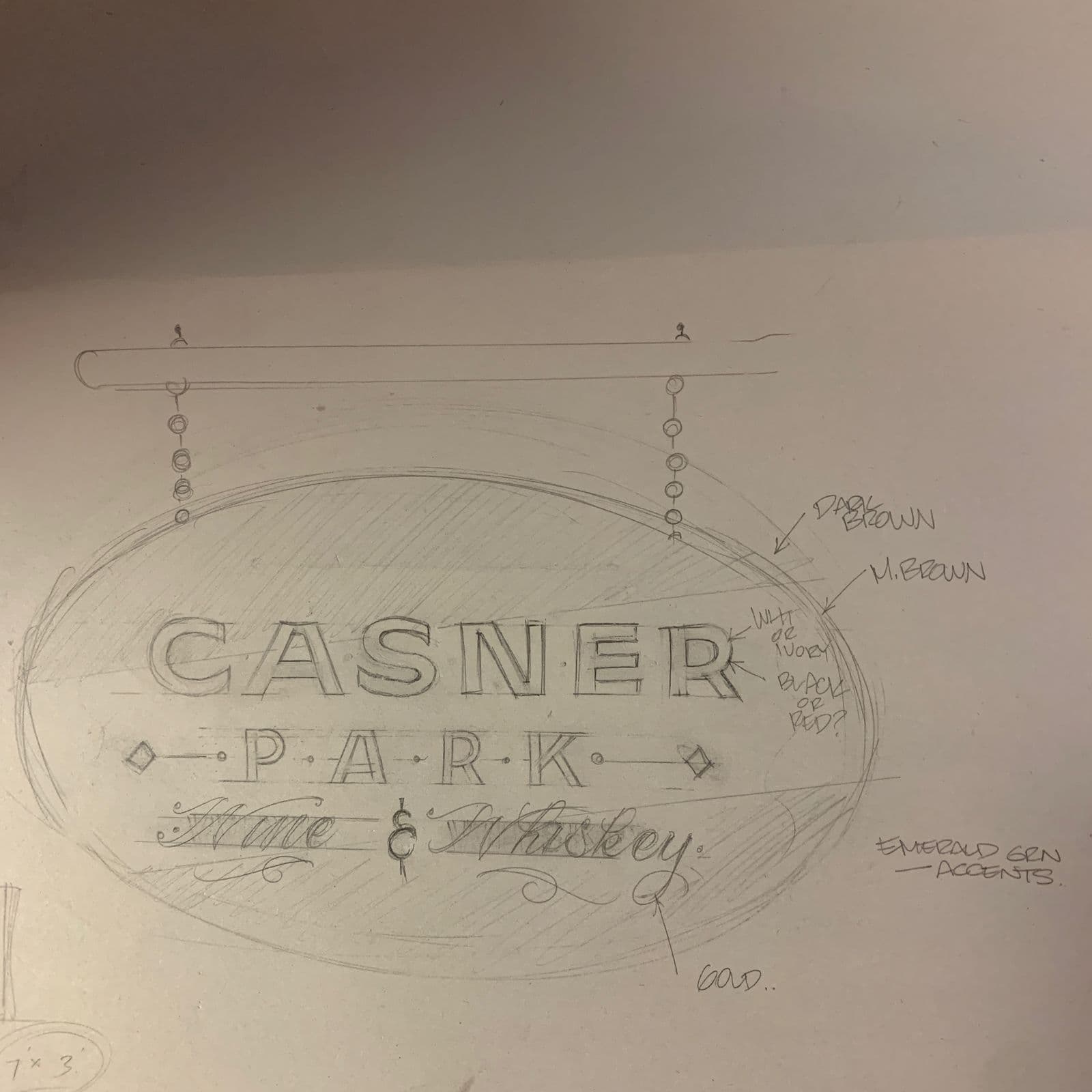 Hand-drawn sketch of the Casner Park sign with color notes